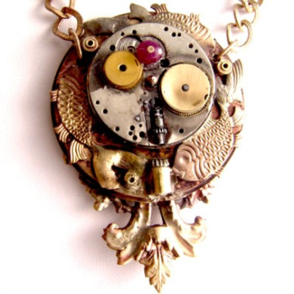 DESIGNER KAY Necklace Steampunk Vtg Watch GP Ruby - Picture 6 of 6